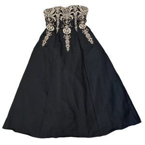 Marchesa Notte Black Gold Embroidered Strapless Ball Gown Tulle Cotton Silk Sz 1